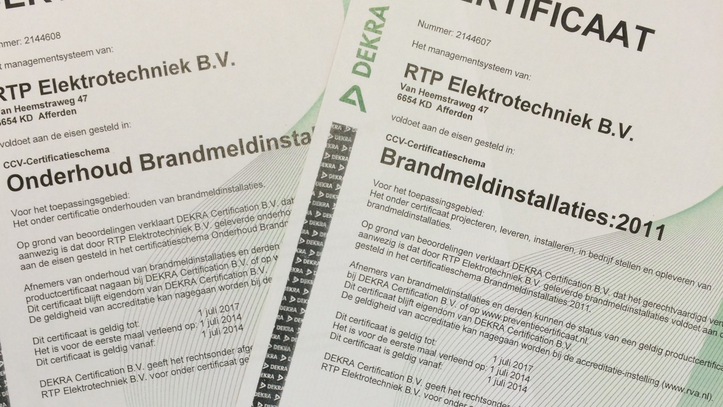 RTP gecertificeerd voor brandmeldinstallatie-regeling 2011