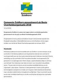 Gemeente Zuidhorn genomineerd als Beste Overheidsorganisatie 2018